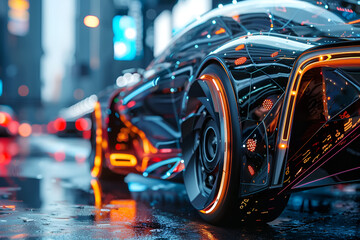 Futuristic cyber car with glowing wheels against a cyberpunk cityscape background in a close-up shot, creating a high-tech atmosphere, with reflections of neon lights on the street