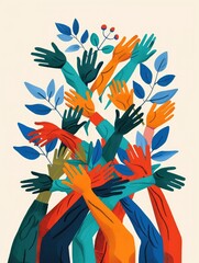 Colorful illustration of diverse raised hands - A vibrant and artistic illustration showing a collection of hands raised in unity surrounded by foliage Reflects diversity and togetherness