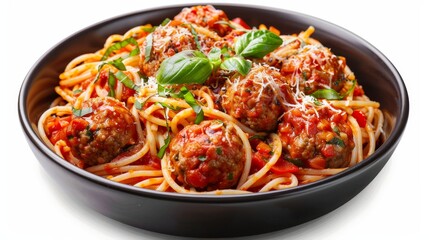 Inviting top view of Spaghetti and Meatballs, crafted with whole wheat pasta, lean meatballs of turkey, and a homemade sauce full of vegetables, isolated background