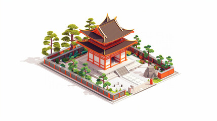 3d model of chinese temple building, isometric view, game art, isolated on white