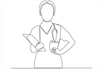 Continuous line drawing of young nurse with medical report, sthetoscope vector