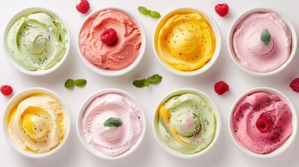 Fototapeta na wymiar Inviting top view of non-dairy ice cream options like sorbet, emphasizing natural flavorings, less sugar, perfect for a light dessert, isolated background