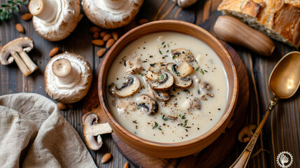 Fototapeta na wymiar top view of cream mushroom soup on the table, food stylish