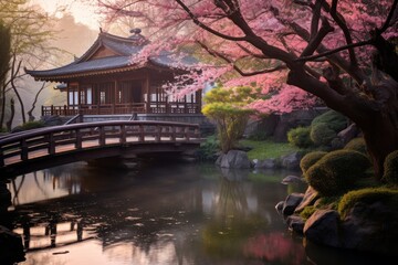A Serene Dawn at an Ancient Zen Monastery Nestled in the Heart of a Lush Japanese Forest, with Cherry Blossoms in Full Bloom