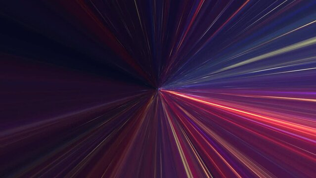 Abstract hyperspace background. Black hole or wormhole. Speed of light, neon glowing rays and stars in motion. Moving through stars and time. 4k video.  