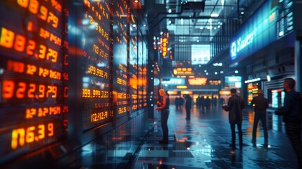 Fototapeta premium A group of people are walking through a city at night. There are large screens with stock market data on the buildings.