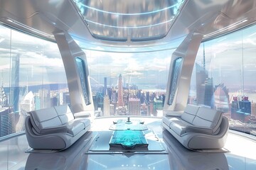 Futuristic living room, Cityscape vista and hi-tech decor. - obrazy, fototapety, plakaty