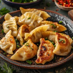 Giurza or Gyoza, Dim Sum, Jiaozi, Momo, Mandu or Ravioli, Azerbaijani Fried Dumplings with Minced...