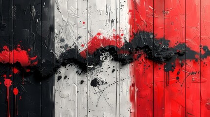 Red Black and White color on a wooden wall with spots of paint.