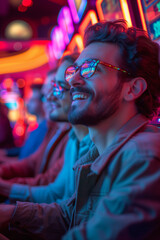A man with glasses is smiling at a slot machine. Vacation concept