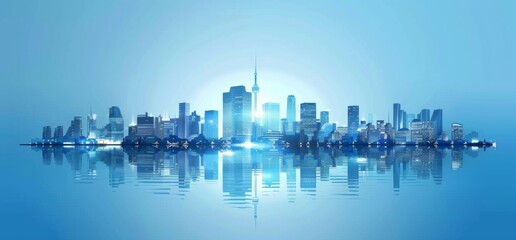 Naklejka premium Modern glass buildings background with reflection and city skyline. digital wallpaper for presentation, corporate video or web design