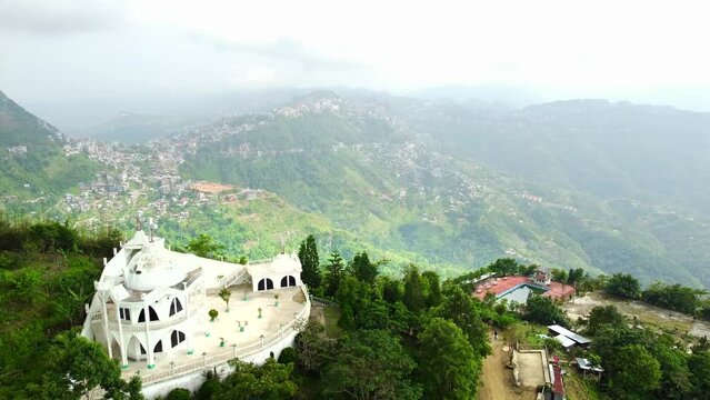 Aerial view of kv paradise in aizawl the capital city of mizoram, this architectural establishment gives an amazing view of hills and the green mizoram in north-east India