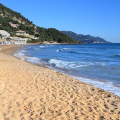 Pelekas Beach, Corfu. Tourist attractions in Greece. Greek island.