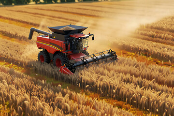 Obraz premium Witness the efficient harvest of wheat in a vast field, as a combine harvester operates, captured from a bird's eye perspective.