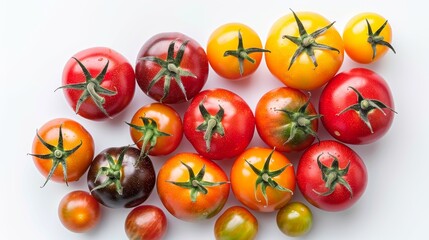 Fresh, colorful tomatoes from above, highlighting their mineral and antioxidant content, great for dietetic promotions, isolated backdrop
