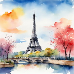 Paris is the capital of France. Watercolor landscape with Paris Eiffel Tower.