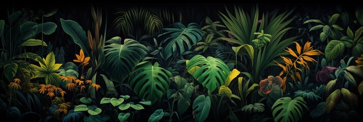 Fototapeta premium Tropical pattern with beautiful monstera, palm leaves. Dark vintage 3D illustration. Glamorous exotic abstract background design. Good for luxury wallpapers, fabric printing, goods. High quality photo