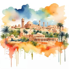 Watercolor illustration of Palmyra city panorama on white background