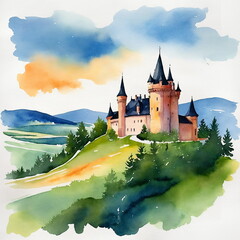 Watercolor landscape with Houska Castle. Gothic castle in the municipality of Blatce in the Liberec Region of the Czech Republic