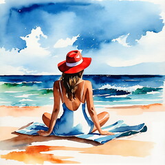 Watercolor illustration of an attractive young woman enjoying a vacation at the beach