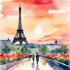 Paris is the capital of France. Watercolor landscape with Paris Eiffel Tower at sunset