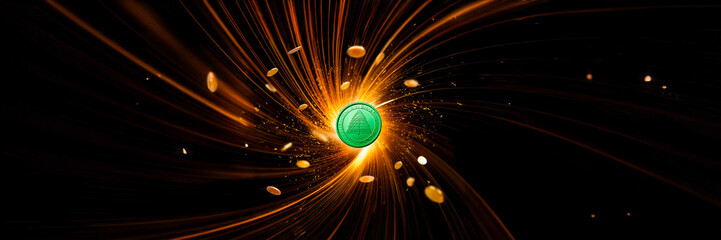green token rotation with coin explosion on a black background