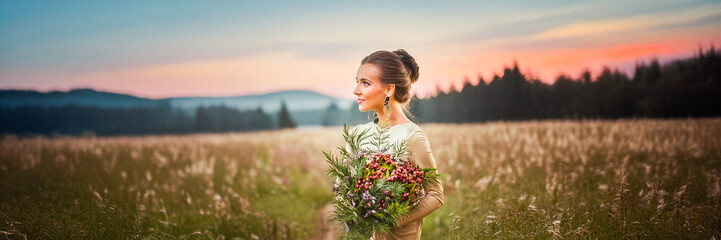 woman silhouette in a field holding a bouquet of flowers
