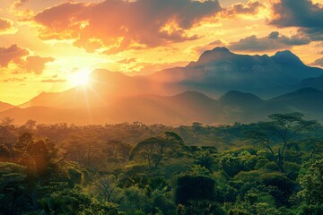 Jungle Silhouette with Mountains, Wild Africa Nature on Golden Cloudy Sunset Background