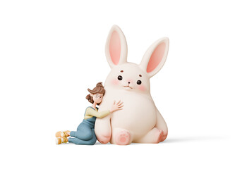 Cute kawaii excited smiling girl sits hugging a big plush toy of a fat white fluffy Easter bunny, rubs his belly with her hand. Rabbit with pink ears, cheeks, soft paws. 3d render isolated transparent