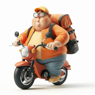 Ilustra&ccedil;&atilde;o 3D, motoqueiro gordinho andando com mochila e &oacute;culos
