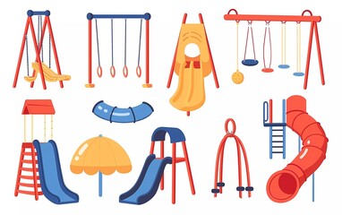 Children's play equipment with swings, slides and tubes isolated on white background. Cartoon clipart flat style vector illustration