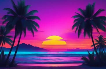 Neon sunset with palm trees, retro style