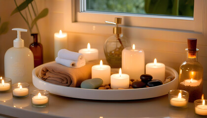 A white ceramic tray with spa supplies on a wooden table, with a candle and towel in the background.