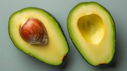 Fresh avocados cut open, top view revealing creamy texture and seed, loaded with fiber and vitamins, on an isolated background, studio lighting