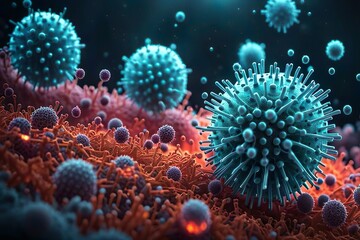 Naklejka na ściany i meble Blue cells of a dangerous virus under a microscope, 3D. Micro world. Bokeh effect