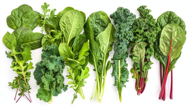 Fresh and organic spinach, kale, arugula, collard greens, and Swiss chard, photographed from above, showcasing their vibrant textures and colors, isolated