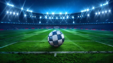 Fototapeta premium Football arena. Realistic European football stadium with grass field, lights and floodlights. 3d ball sports game vector night scene