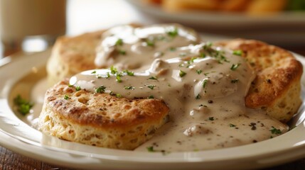Fiber-rich whole wheat biscuits served with chicken sausage gravy made from reduced-fat milk, less oil, isolated background, studio lit scene