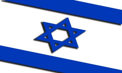 flag of the state of Israel, correct size in proportion. Graphic illustration of the Israeli flag with star of David and shadows for a 3D three-dimensional effect. Trump, missiles, press news, iran.