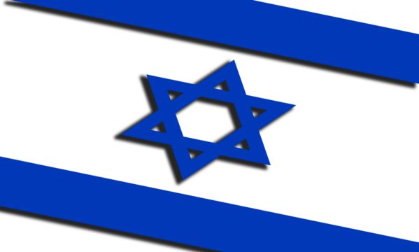 flag of the state of Israel, correct size in proportion. Graphic illustration of the Israeli flag with star of David and shadows for a 3D three-dimensional effect. Trump, missiles, press news, iran.