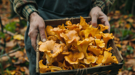 photo of Chanterelle mushrooms harvest with basket at the forest