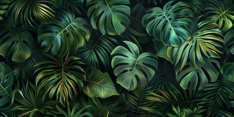 Tropical pattern with beautiful monstera, palm leaves. Dark vintage 3D illustration. Glamorous exotic abstract background design. Good for luxury wallpapers, fabric printing, goods. High quality photo