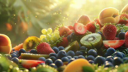 fresh, ripe fruits including sliced kiwi, glistening blueberries, vibrant strawberries, and juicy peaches on the morning sun - obrazy, fototapety, plakaty