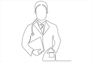 Continuous line drawing of young nurse with medical report, sthetoscope vector