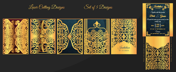 Wedding invitation or greeting card with vintage ornaments. Wedding invitation envelope mock-up set for laser cutting. Vector illustration. © GraphixTreasure