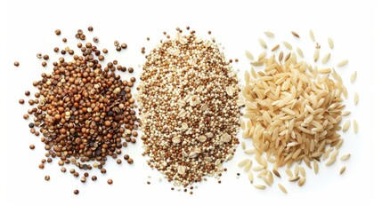 Elegant top view composition of high-fiber grains like quinoa, brown rice, and oats, mixed with barley and bulgur, studio lighting, isolated setting