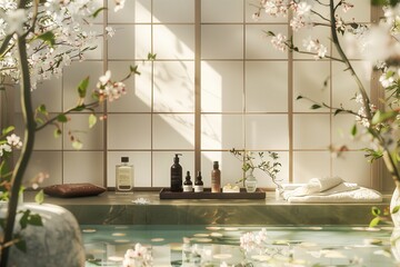 Soft pastel hues illuminating a collection of exquisite spa bottles, evoking tranquility and relaxation