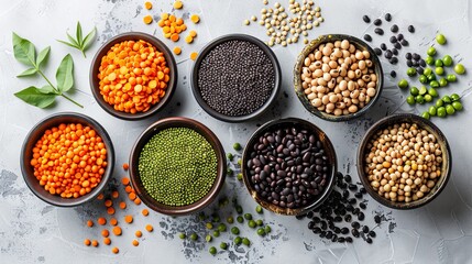 Elegant top view arrangement of protein-rich legumes including black beans and peas, detailed textures and colors, on a stark isolated background