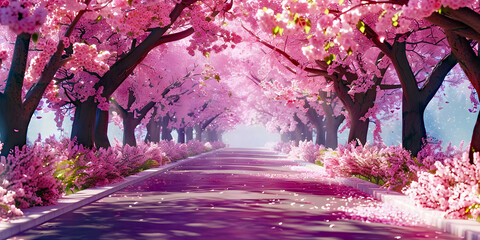 Pink blossom trees and road. AI generated.	