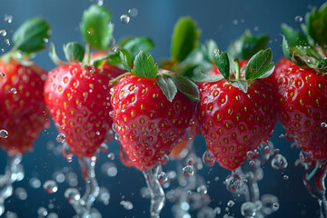 washing fresh strawberries in clear water with dinamic splashing water